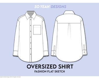 Camisa de novio de gran tamaño para mujer, boceto plano de moda: plantilla de diseño de moda, dibujo plano técnico CAD, descarga digital instantánea Ai Pdf