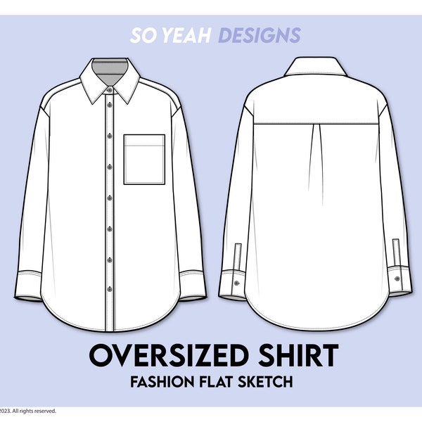 Women Oversized Boyfriend Shirt Fashion Flat Sketch - Fashion Design Template - Technical CAD Flat Drawing - Instant Digital Download Ai Pdf