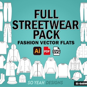 Streetwear Design Essential Vector Mockup Pack - Fashion Flat Bundle- Adobe Illustrator Instant Digital Download
