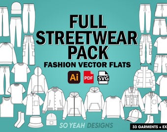Streetwear Design Essential Vector Mockup Pack - Fashion Flat Bundle- Adobe Illustrator Instant Digital Download
