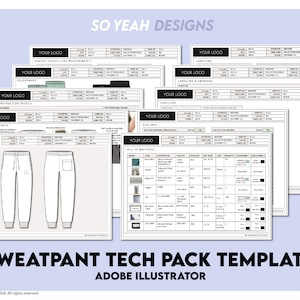 Puede incluir: Una plantilla de paquete técnico para pantalones de chándal, diseñada para su uso en Adobe Illustrator. La plantilla incluye secciones para detalles de la prenda, detalles de construcción, lista de materiales, etiquetado y tamaño.