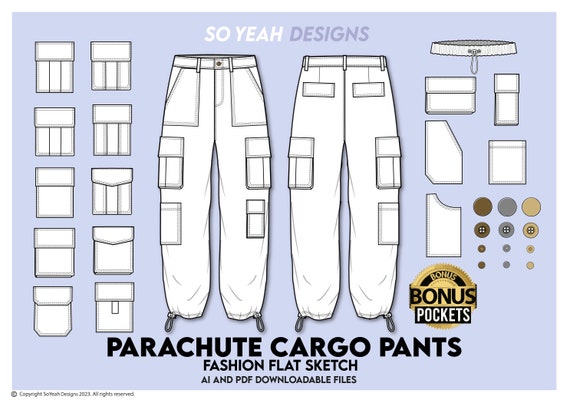 Parachute Cargo Pants Fashion Flat Cad ai pdf with Cargo Pocket Bundle - Fashion Design Template - Technical Flat Drawing - Digital Download