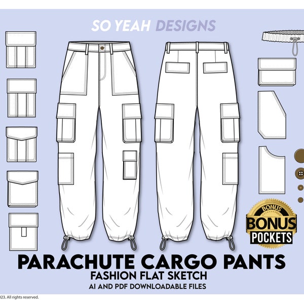 Parachute Cargo Pants Fashion Flat Cad ai pdf with Cargo Pocket Bundle - Fashion Design Template - Technical Flat Drawing - Digital Download