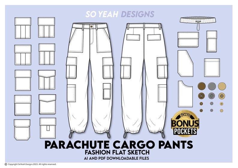 Peut inclure: Un dessin au trait de pantalon cargo parachute avec de multiples poches. Le dessin comprend une vari&eacute;t&eacute; de formes et de tailles de poches, ainsi qu'une ceinture et un cordon de serrage. Le texte "SO YEAH DESIGNS" et "PARACHUTE CARGO PANTS" est inclus dans l'image. Le texte "FASHION FLAT SKETCH" et "AI AND PDF DOWNLOADABLE FILES" est &eacute;galement inclus dans l'image.