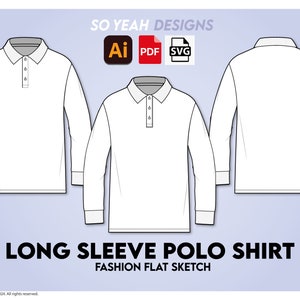 Puede incluir: Un boceto plano de moda de camisa polo de manga larga blanca. La camisa se muestra desde la parte delantera, trasera y lateral. La imagen incluye el texto "SO YEAH DESIGNS" y "LONG SLEEVE POLO SHIRT".