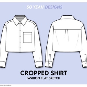 Women Cropped Shirt Fashion Flat Sketch - Fashion Design Template - Technical CAD Flat Drawing - Instant Digital Download Ai Pdf