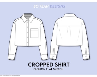 Boceto plano de moda de camisa recortada para mujer - Plantilla de diseño de moda - Dibujo plano técnico CAD - Descarga digital instantánea Ai Pdf