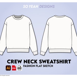 Può includere: Uno schizzo piatto di una felpa bianca con collo rotondo. L'immagine mostra le viste anteriore e posteriore della felpa.