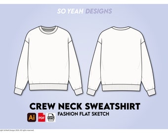 May include: A white crew neck sweatshirt fashion flat sketch. The image shows the front and back views of the sweatshirt.