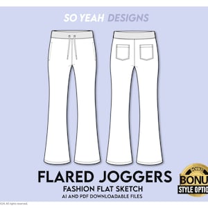 Fashion Flat Flared Jogger Vector Flared Sweatpant Mockup Drawing for Tech pack Adobe Illustrator Technical Drawing Digital Download Ai Pdf