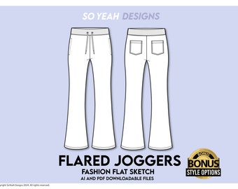 Flared Jogger Fashion Flat Sketch: Vector Drawing (AI, PDF)