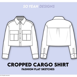 Cropped Cargo Utility Shirt Fashion Flat Sketch - Fashion Design Template - Technical CAD Flat Drawing - Instant Digital Download Ai Pdf