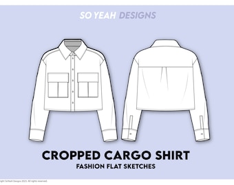 Cropped Cargo Utility Shirt Fashion Flat Sketch - Modèle de conception de mode - Dessin technique CAO plat - Téléchargement numérique instantané Ai Pdf