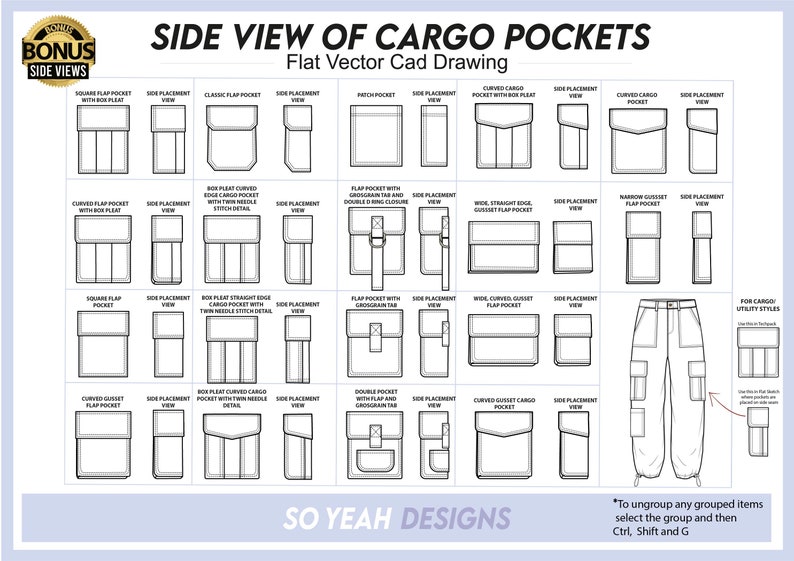May include: A black and white line drawing illustration of different types of cargo pockets for clothing design. The illustration shows side views of various pocket styles, including square flap pockets, curved flap pockets, box pleat pockets, and more. The illustration also includes a side view of a pair of pants with cargo pockets.