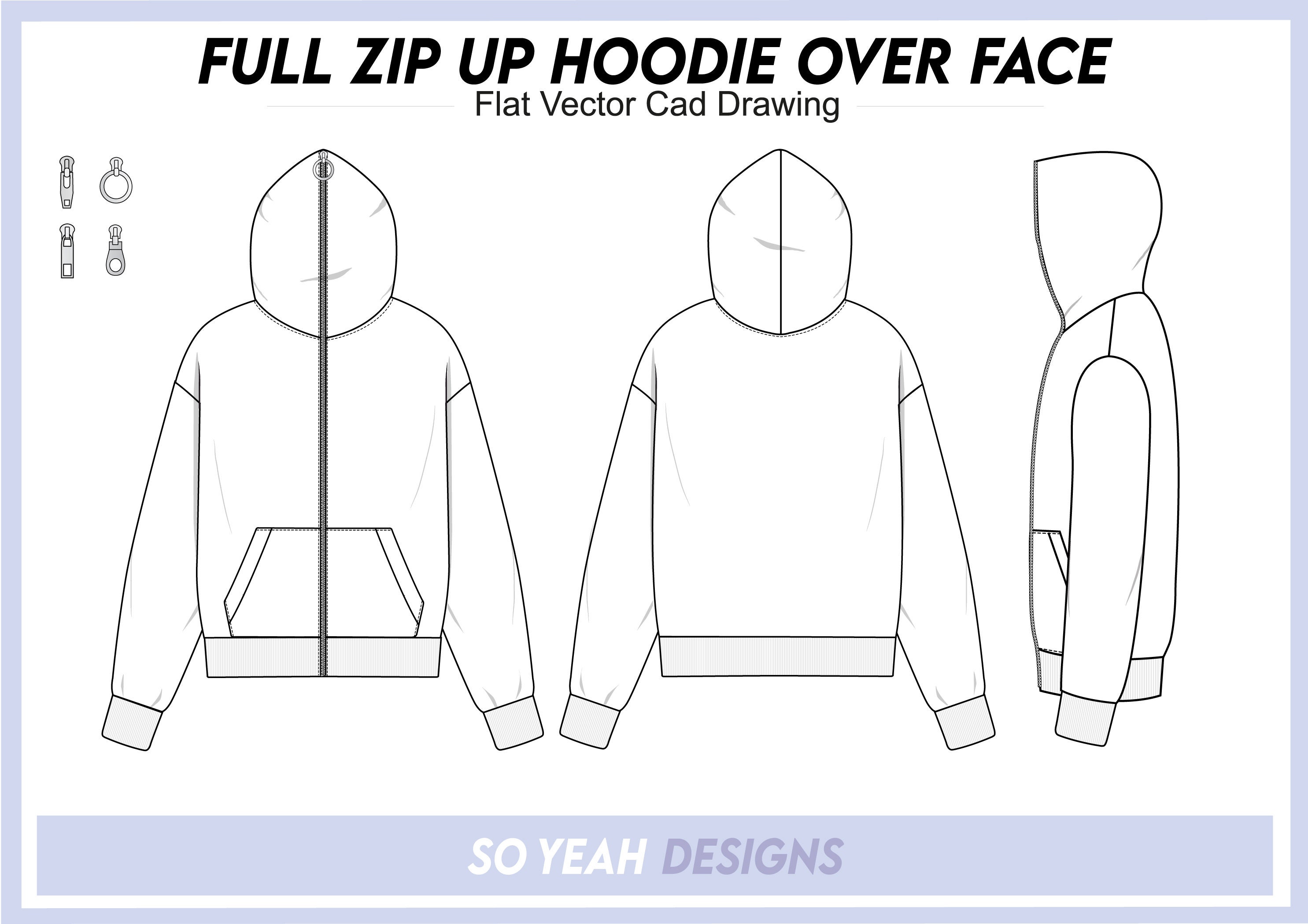 Full Zip Hoodie Over Face Flat Vector Technical Drawing Streetwear