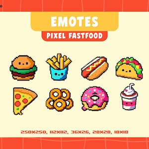 Pixel Fastfood Emotes, Kawaii Food Emote Set, For Twitch, Kick, Youtube, Discord, Colorful Twitch Sub Emotes Pack For Streamers