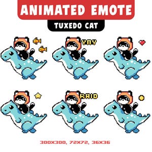 May include: Animated pixel art emote of a tuxedo cat riding a blue dinosaur. The cat is wearing a red and orange hat. The emote is available in six different variations with different text bubbles. The text bubbles say "Yay", "Raid", and a heart.