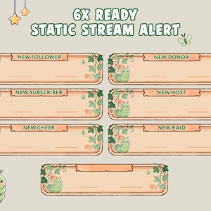May include: Six static stream alerts featuring a cartoon green caterpillar with a friendly face. Each alert has a different text label: New Follower, New Donor, New Subscriber, New Host, New Cheer, and New Raid.
