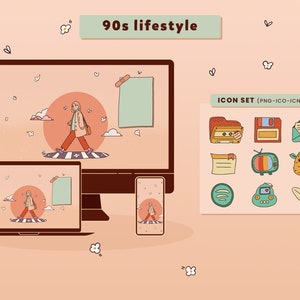 Styl życia lat 90. Komputer stacjonarny Telefon Motyw Tapeta i zestaw ikon, Dostosuj motyw komputera, Prezent w stylu życia, Prezent dla przyjaciela