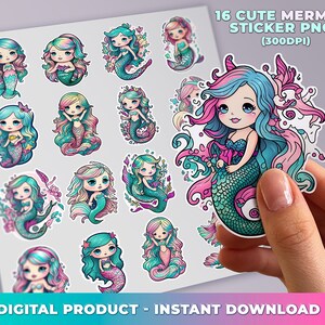Cute Mermaid Clipart, Digital PNG Sticker Pack, Scrapbooking, Party ...