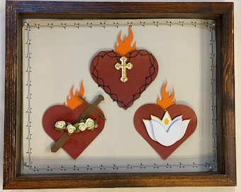 Handmade Holy Family Hearts framed. Ready for displaying beautifully in your home or church.