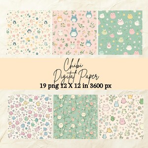 May include: A set of 19 digital papers featuring cute cartoon characters and floral patterns in pastel colours. The papers are 12 x 12 inches and 3600 pixels.