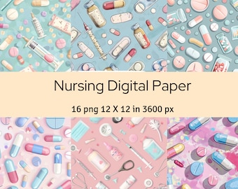 Nurse Pastel Pattern Digital Paper: Medical Background (16 PNG, 12x12 in) (Digital Download)