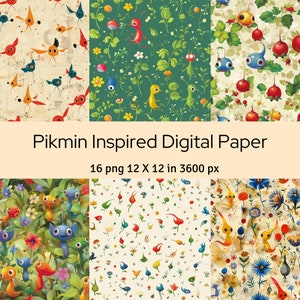 Peut inclure: Un ensemble de 16 papiers numériques inspirés de la série de jeux vidéo Pikmin. Chaque papier présente un motif différent de créatures colorées et de fleurs sur une variété de fonds. Les papiers mesurent 30,48 cm sur 30,48 cm et ont une résolution de 3600 pixels.