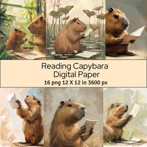 Reading Capybara Digital Paper, Capybara being cute and reading a paper, Nature, 16 Digital Paper 12&quot; X 12&quot; in, Scrapbooking, Commercial Use