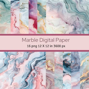 以下が含まれることがあります： 青、ピンク、金色の色合いの抽象的な大理石模様が特徴のデジタルペーパー16枚セット。各ペーパーは12 x 12インチ、3600ピクセルです。