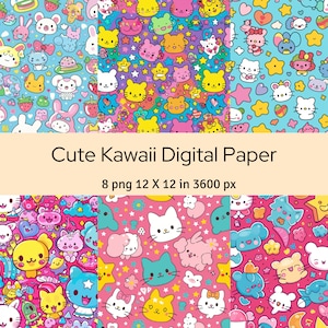 Süßes Kawaii-Digitalpapier, rosa Papier, stationärer Druck, 8 süße Hintergründe 12" x 12" Zoll, kommerzielle Nutzung, sofortiger Download
