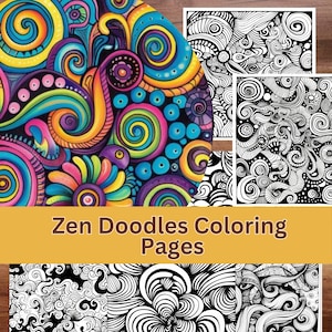 May include: Five black and white coloring pages featuring intricate doodle designs. The title "Zen Doodles Coloring Pages" is displayed in yellow text on a brown background.