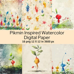 Pikmin Inspired in Watercolor Style Digital Paper, Scrapbooking Stationary Paper, Digital Paper 16 12&quot; x 12&quot; in, Commercial Use