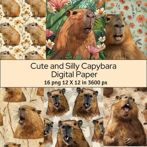 Cute and silly Capybara Digital Paper, Close up Capybara face background, 16 Digital Paper 12&quot; X 12&quot; in, Scrapbooking, Commercial Use