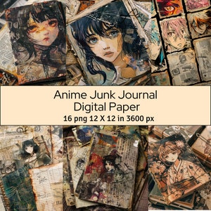 Anime Junk Journal Papel digital, Anime Lover Journaling Scrapbooking, 16 Papel digital 12" X 12" in, Scrapbooking, Uso comercial