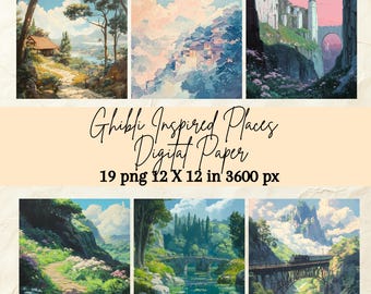Ghibli Inspired Digital Paper: Anime Nature Scrapbooking (16 12"x12" PNG) (Digital Download)