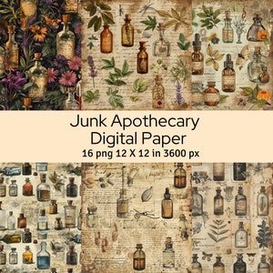 Pode incluir: Pacote de papel digital com 16 imagens de estilo vintage de frascos de farmácia, ervas e texto escrito à mão. Cada imagem mede 12 polegadas por 12 polegadas e 3600 pixels.
