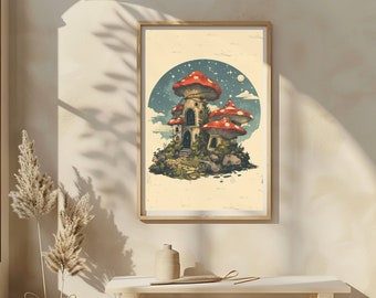 Mushroom House Art Print: Whimsical Mushroom Wall Decor (Digital Download)