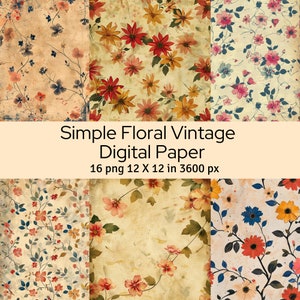 Simple Floral Junk Journal Digital Paper, Flower Journal Paper, Flowers, Leaves, 16 Digital Paper 12&quot; X 12&quot; in, Scrapbooking, Commercial Use
