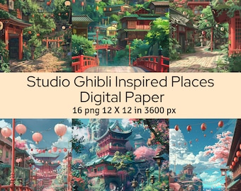 Ghibli Inspired Digital Paper: Anime Houses, Scrapbooking (Digital Download)