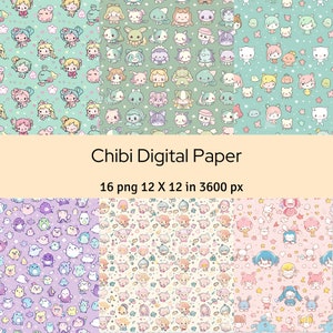 May include: A collection of digital papers featuring various chibi characters in pastel colors. The papers include a variety of cute designs, such as girls, animals, and stars. The text "Chibi Digital Paper" is displayed, along with the dimensions of the papers.