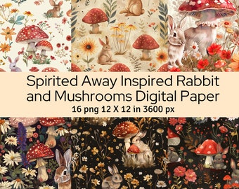 Ghibli Rabbit & Mushroom Digital Paper: Anime Scrapbooking (16, 12x12 PNG) (Commercial Use)