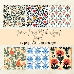 Puede incluir: Un conjunto de 19 papeles digitales con diseños de bloques de impresión indios. Los papeles miden 12 x 12 pulgadas y 3600 píxeles. Los diseños incluyen patrones florales, pájaros y formas geométricas en una variedad de colores, incluyendo azul, rojo, amarillo y verde.