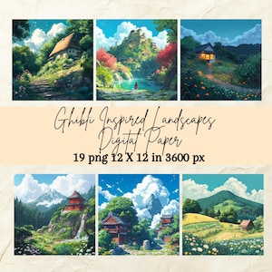 Ghibli geïnspireerde landschappen digitaal papier, digitale papierkunst, ghiblipapier, commercieel gebruik, 16 ghibli png 12 x 12 inch 3600 px, HD-kwaliteit