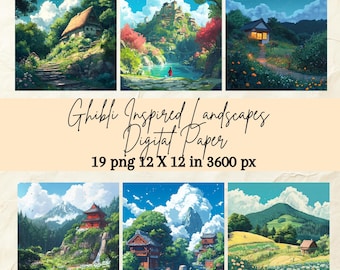 Ghibli-Inspired Landscape Digital Paper, 16 HD PNGs, 12x12in, 3600px, Printable Backgrounds, Commercial Use