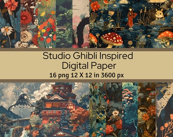 Ghibli Inspired Digital Paper: 16 PNG Art Pages (12x12 inches) (Digital Download)