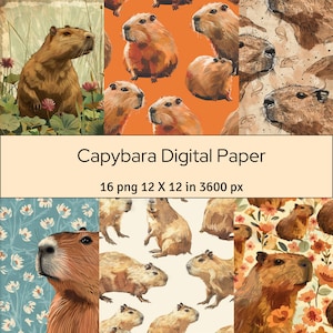 Capybara Digital Paper, Cute Capybara Art Paper, Nature Animal Digital Paper,  16 Digital Paper 12&quot; X 12&quot; in, Scrapbooking, Commercial Use