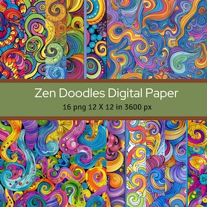 May include: A set of 16 digital papers featuring colorful, abstract, swirling patterns. The papers are 12 inches by 12 inches and 3600 pixels in resolution. The patterns are reminiscent of zen doodles and are perfect for adding a touch of whimsy to your designs.