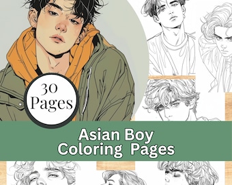Peut inclure: Un livre de coloriage de 30 pages avec des illustrations en noir et blanc de garçons asiatiques avec différentes coiffures. La couverture montre un garçon aux cheveux noirs portant une veste verte et un sweat-shirt orange. Le titre du livre est "Pages à colorier pour garçons asiatiques".