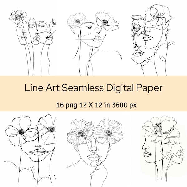 Line Art Woman Digital Paper, Woman and Flower Art, Line art Digital Paper 16 12" x 12" in, Commercial Use, Scrapbooking Paper